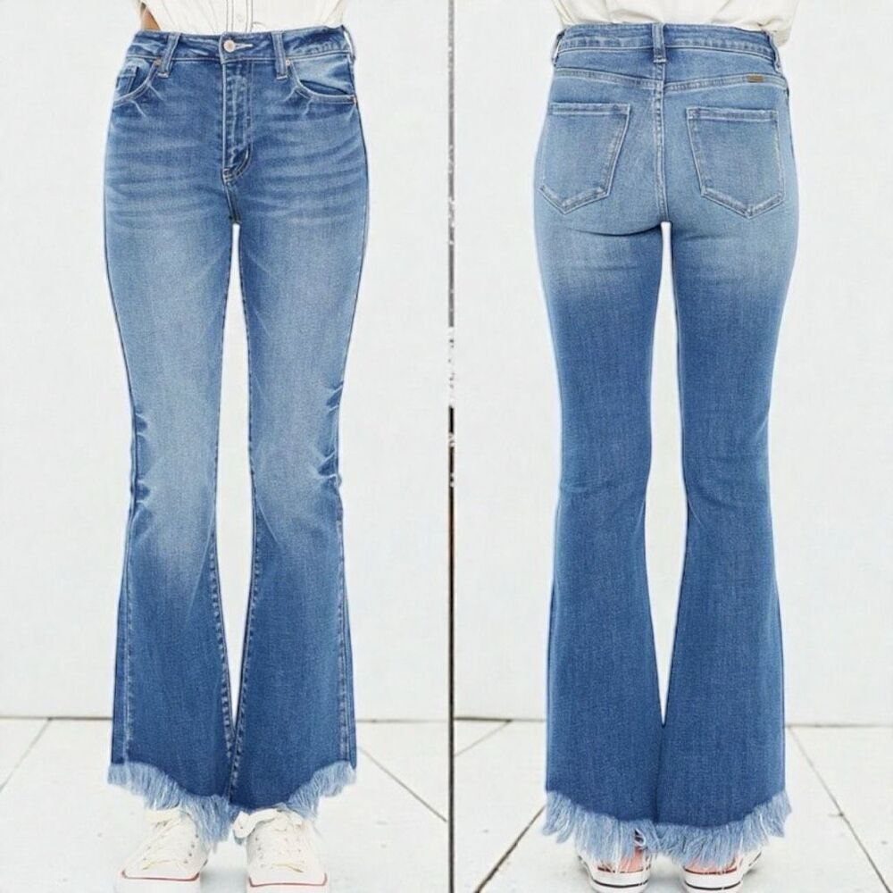Kancan High Rise Ankle Bootcut Jeans Medium Wash Frayed Hem 13/30 NWT - Picture 1 of 12